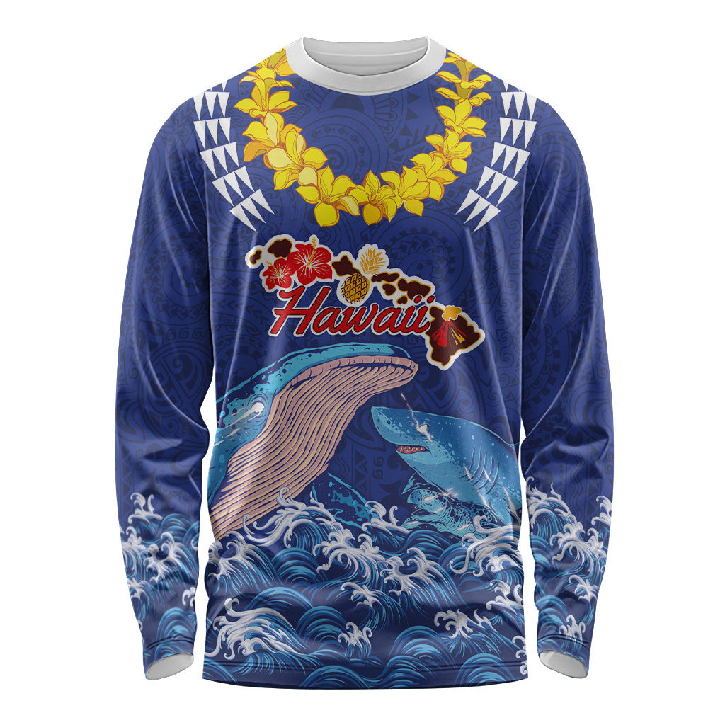 Hawaiian Sea Animals Long Sleeve Shirt Whales Shark and Turtle Guardians with Tribal Pattern LT03 Unisex Blue - Polynesian Pride