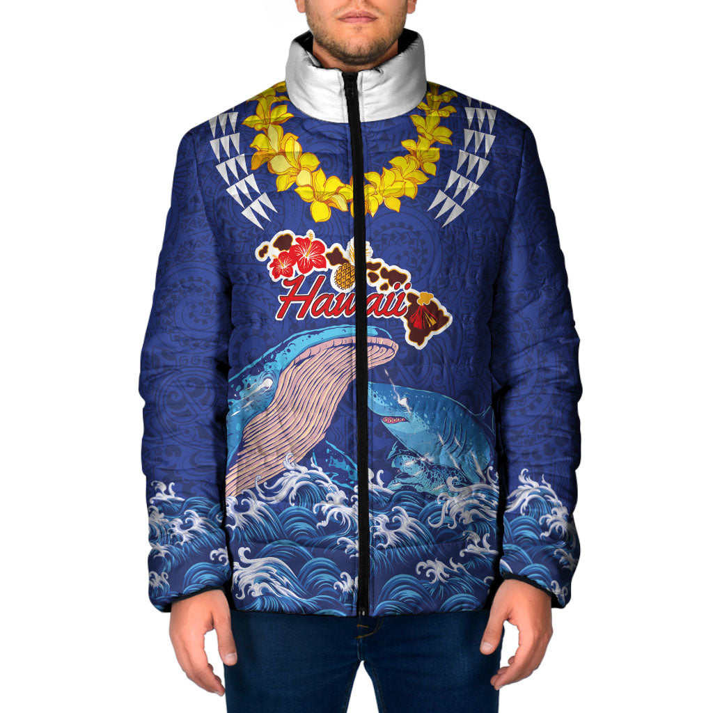 Hawaiian Sea Animals Padded Jacket Whales Shark and Turtle Guardians with Tribal Pattern LT03 Men Blue - Polynesian Pride