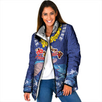 Hawaiian Sea Animals Padded Jacket Whales Shark and Turtle Guardians with Tribal Pattern LT03 Women Blue - Polynesian Pride