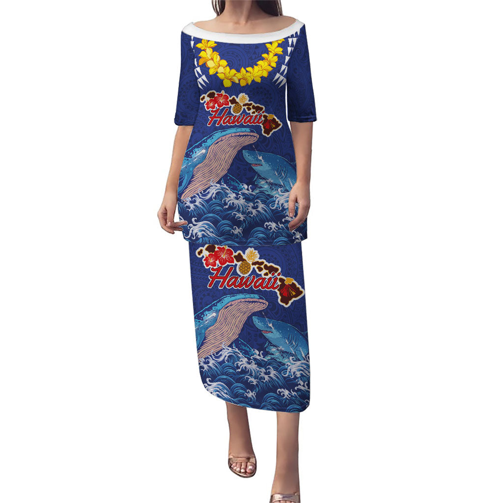 Hawaiian Sea Animals Puletasi Whales Shark and Turtle Guardians with Tribal Pattern LT03 Long Dress Blue - Polynesian Pride