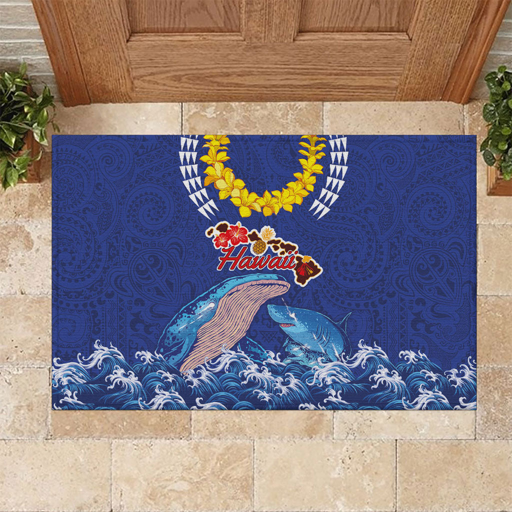 Hawaiian Sea Animals Rubber Doormat Whales Shark and Turtle Guardians with Tribal Pattern LT03 Blue - Polynesian Pride