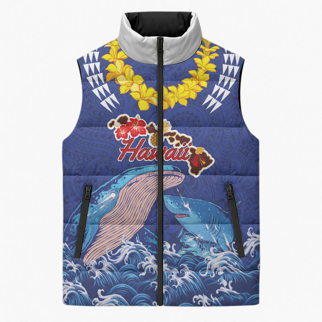 Hawaiian Sea Animals Sleeveless Puffer Jacket Whales Shark and Turtle Guardians with Tribal Pattern LT03 Unisex Blue - Polynesian Pride