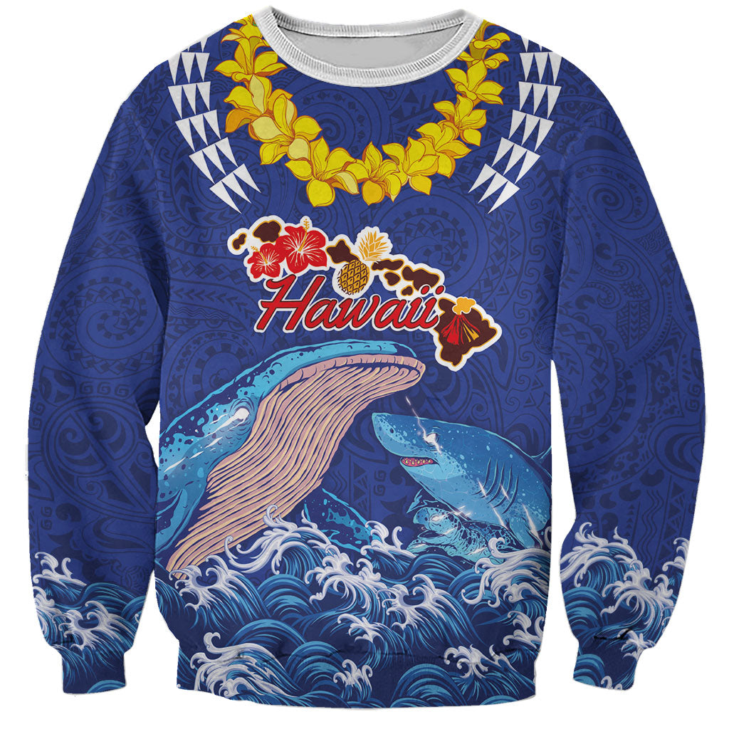 Hawaiian Sea Animals Sweatshirt Whales Shark and Turtle Guardians with Tribal Pattern LT03 Unisex Blue - Polynesian Pride