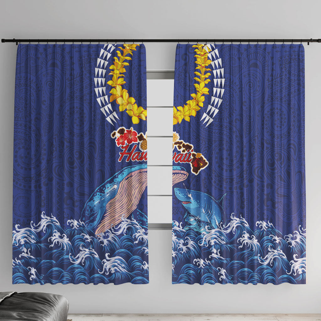 Hawaiian Sea Animals Window Curtain Whales Shark and Turtle Guardians with Tribal Pattern LT03 With Hooks Blue - Polynesian Pride