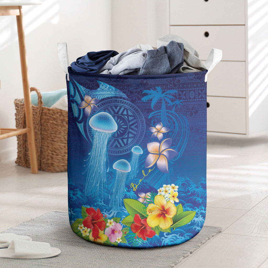 Fiji Jellyfish Laundry Basket Tapa Patterns and Hibiscus Sea Vibe LT03 Blue - Polynesian Pride