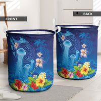 Fiji Jellyfish Laundry Basket Tapa Patterns and Hibiscus Sea Vibe LT03 - Polynesian Pride