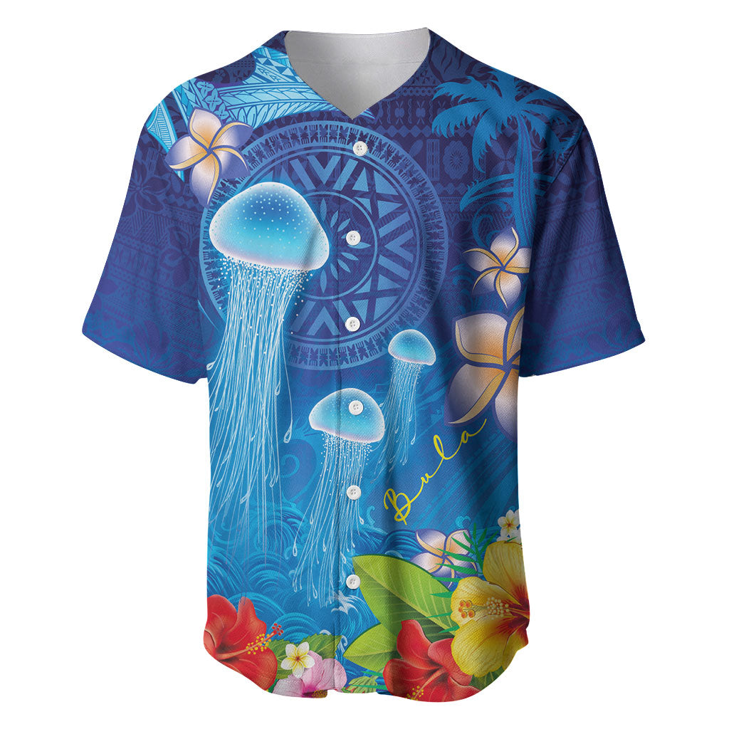 Fiji Jellyfish Baseball Jersey Tapa Patterns and Hibiscus Sea Vibe LT03 Blue - Polynesian Pride