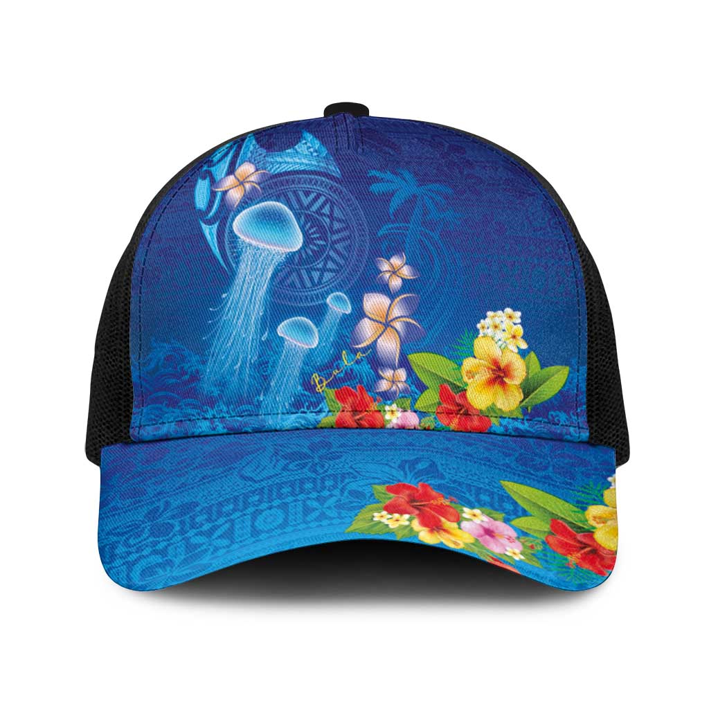 Fiji Jellyfish Baseball Net Cap Tapa Patterns and Hibiscus Sea Vibe LT03 One Size Black Blue - Polynesian Pride