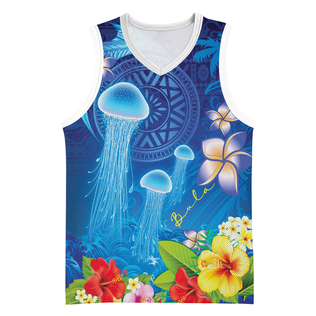 Fiji Jellyfish Basketball Jersey Tapa Patterns and Hibiscus Sea Vibe LT03 Unisex Blue - Polynesian Pride