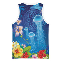 Fiji Jellyfish Basketball Jersey Tapa Patterns and Hibiscus Sea Vibe LT03 - Polynesian Pride