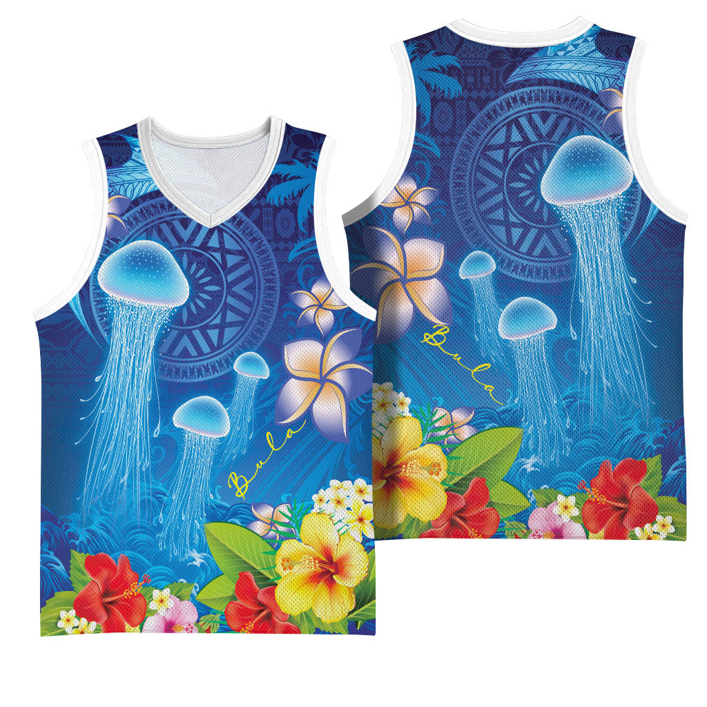 Fiji Jellyfish Basketball Jersey Tapa Patterns and Hibiscus Sea Vibe LT03 - Polynesian Pride