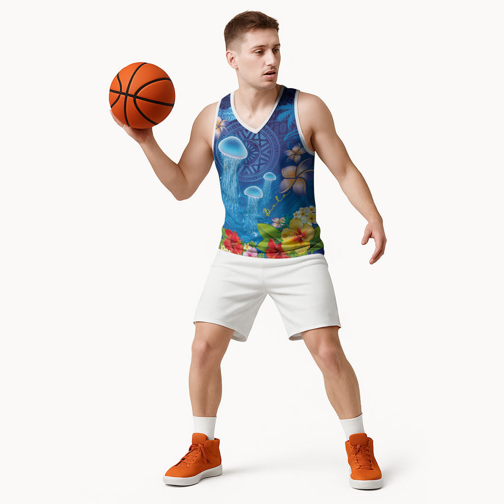 Fiji Jellyfish Basketball Jersey Tapa Patterns and Hibiscus Sea Vibe LT03 - Polynesian Pride