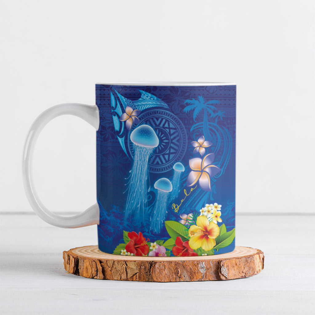 Fiji Jellyfish Ceramic Mug Tapa Patterns and Hibiscus Sea Vibe LT03 Blue - Polynesian Pride