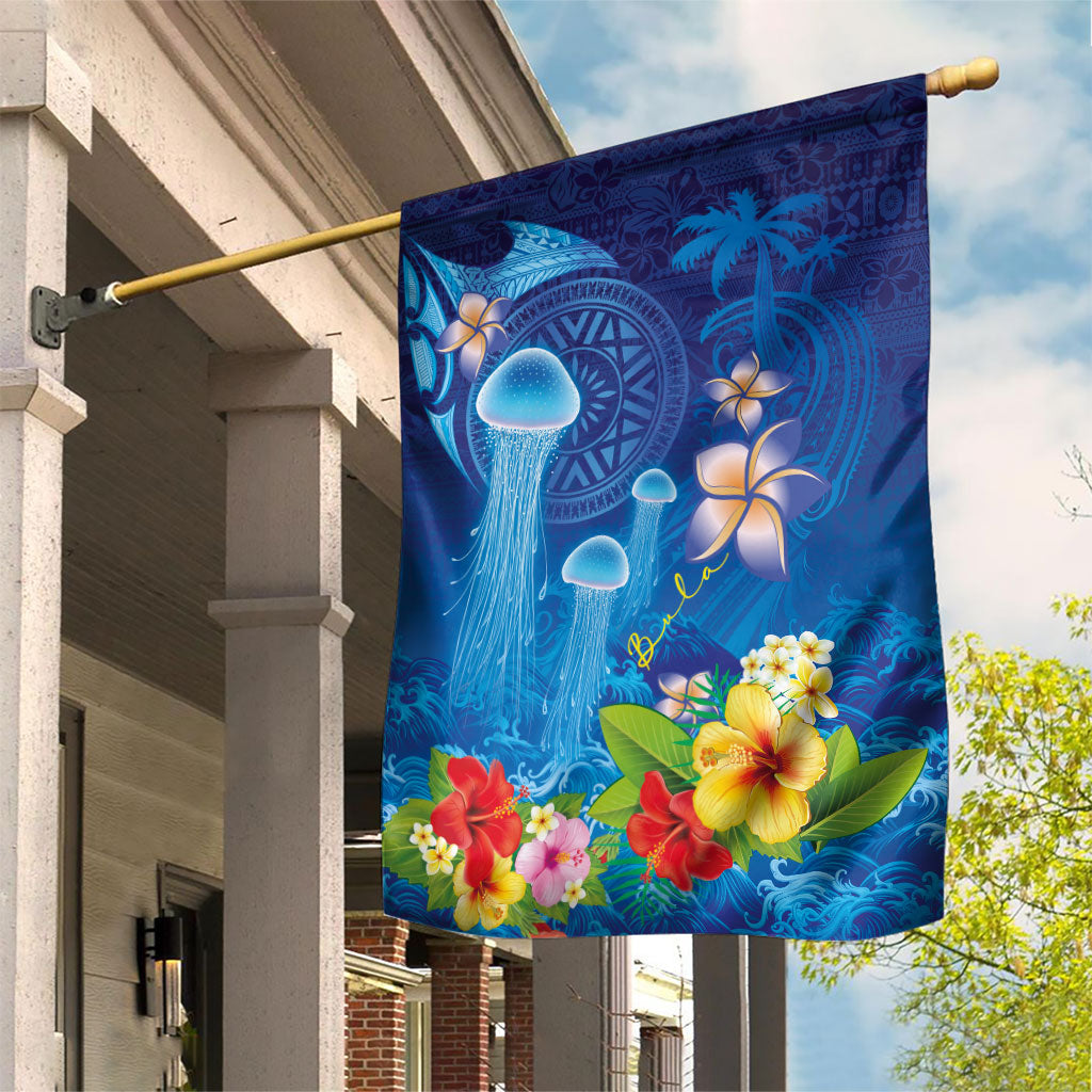 Fiji Jellyfish Garden Flag Tapa Patterns and Hibiscus Sea Vibe LT03 House Flag Blue - Polynesian Pride