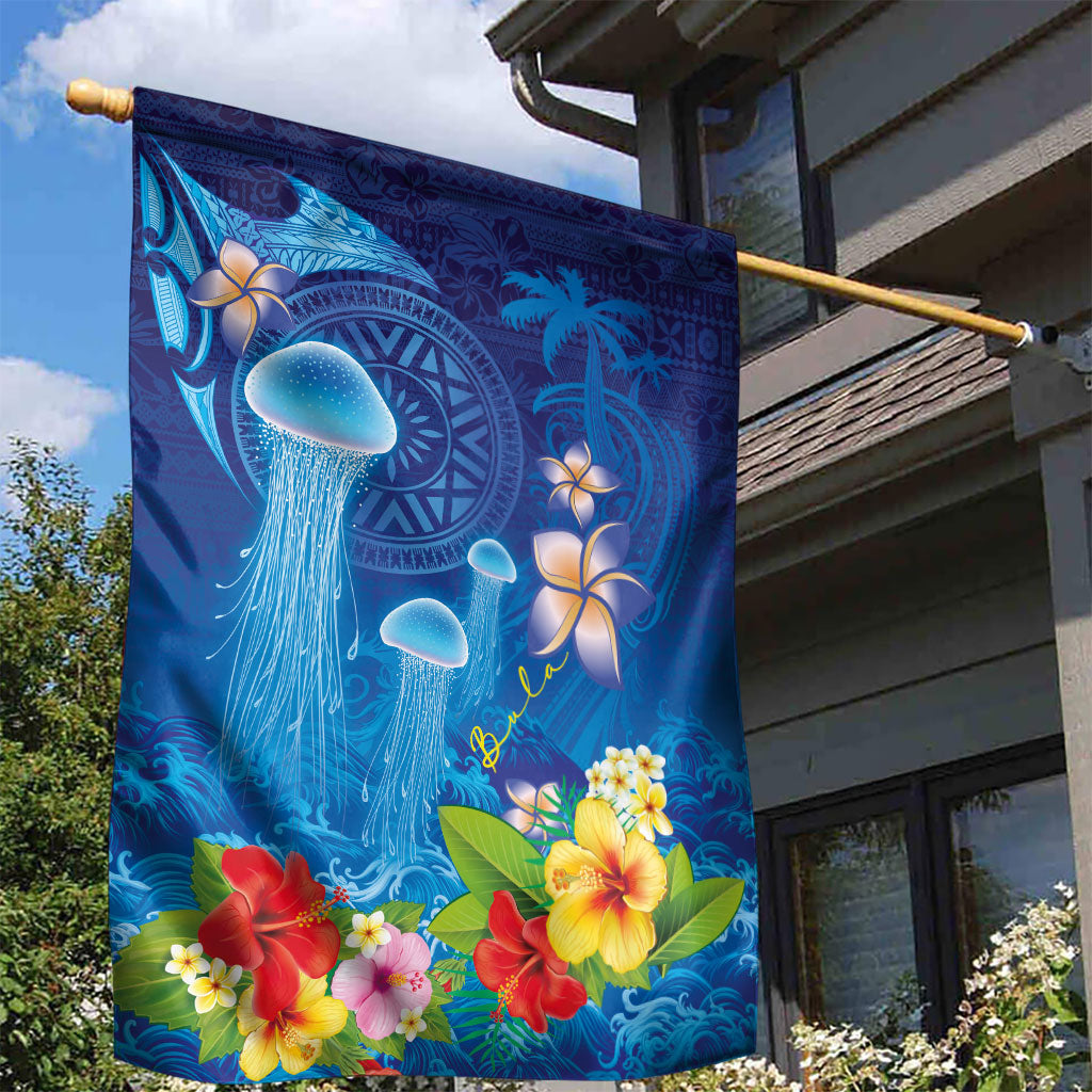 Fiji Jellyfish Garden Flag Tapa Patterns and Hibiscus Sea Vibe LT03 - Polynesian Pride