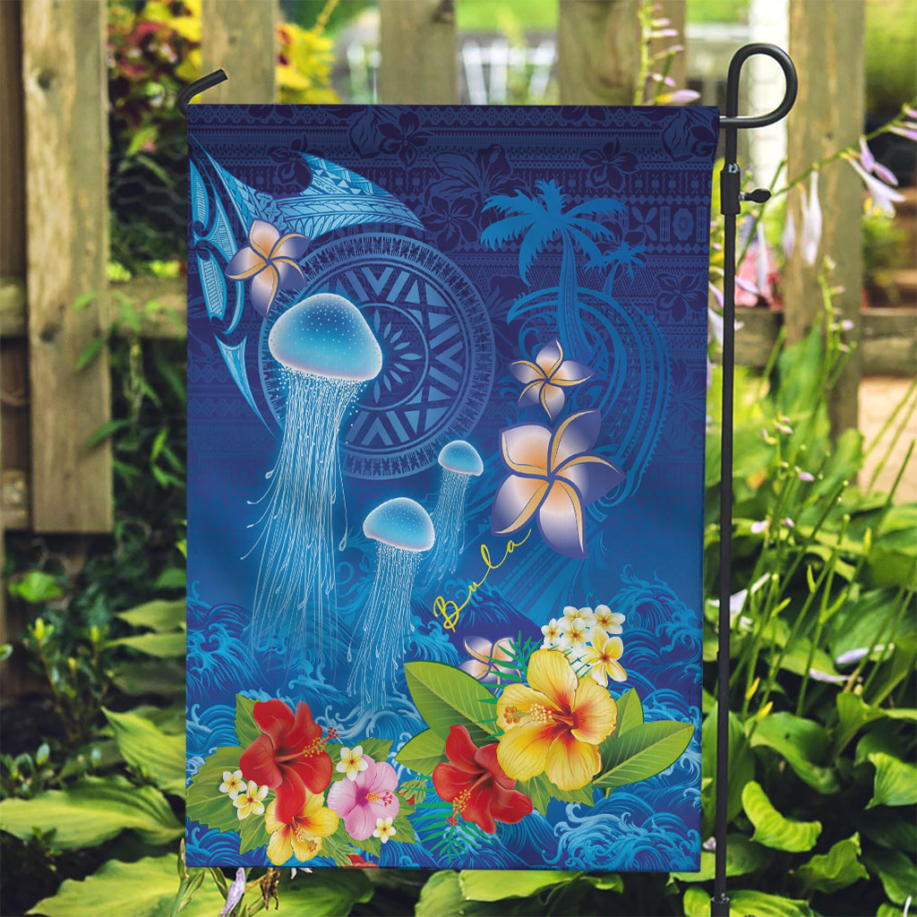 Fiji Jellyfish Garden Flag Tapa Patterns and Hibiscus Sea Vibe LT03 Garden Flag Blue - Polynesian Pride