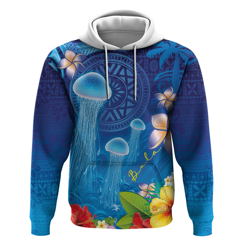 Fiji Jellyfish Hoodie Tapa Patterns and Hibiscus Sea Vibe LT03 Pullover Hoodie Blue - Polynesian Pride