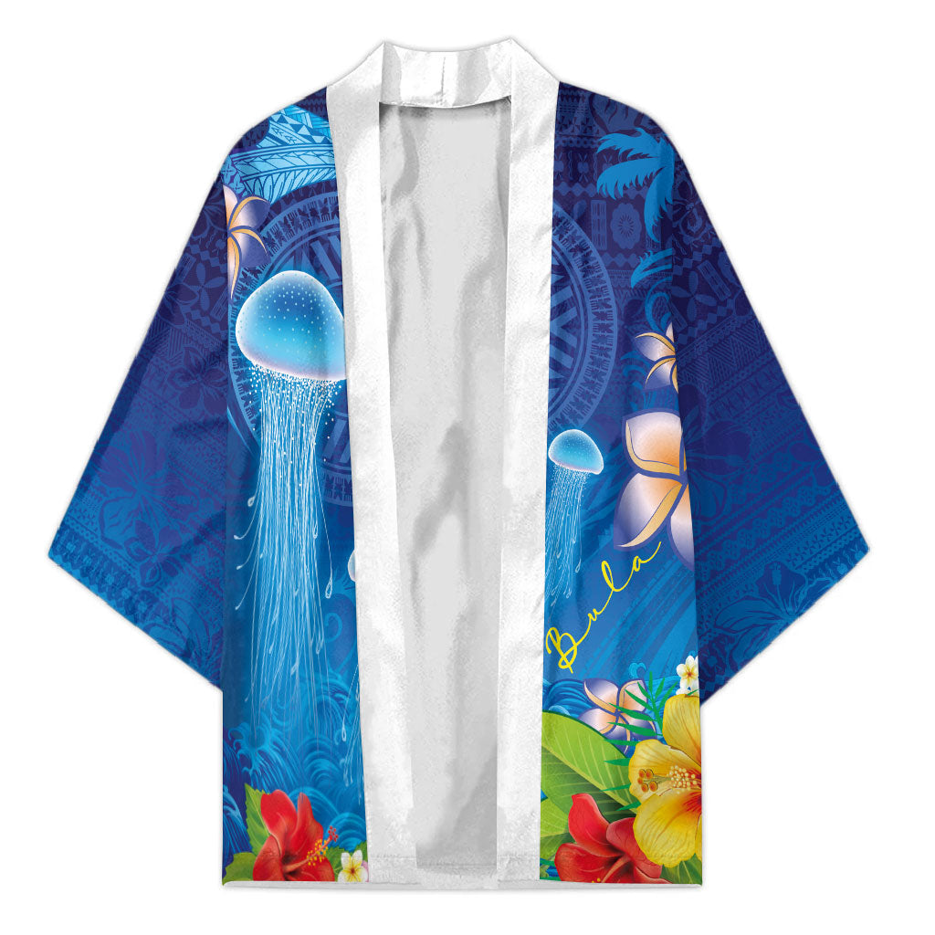 Fiji Jellyfish Kimono Tapa Patterns and Hibiscus Sea Vibe LT03 Unisex Blue - Polynesian Pride
