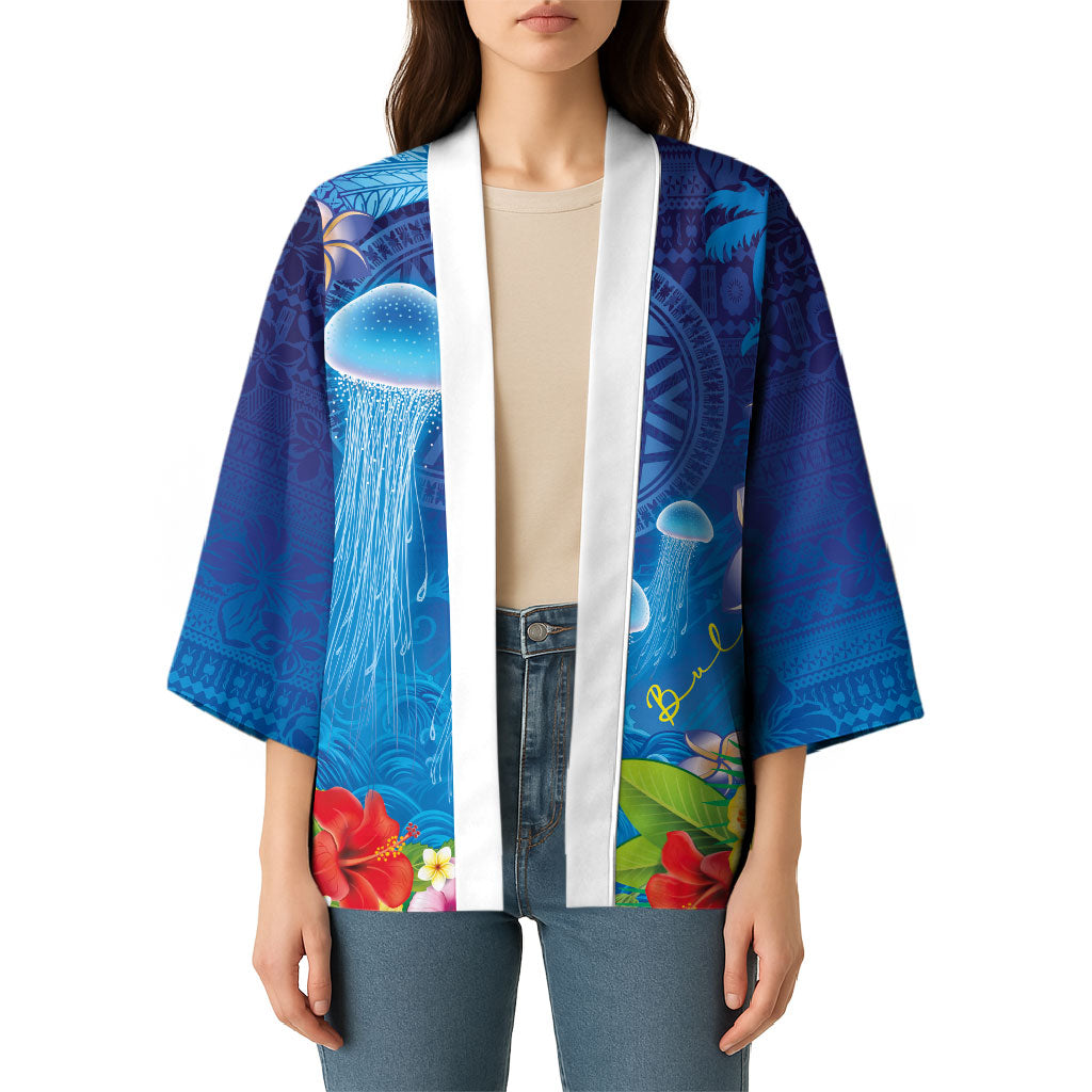 Fiji Jellyfish Kimono Tapa Patterns and Hibiscus Sea Vibe LT03 - Polynesian Pride