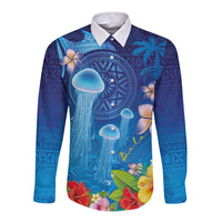 Fiji Jellyfish Long Sleeve Button Shirt Tapa Patterns and Hibiscus Sea Vibe LT03 Unisex Blue - Polynesian Pride
