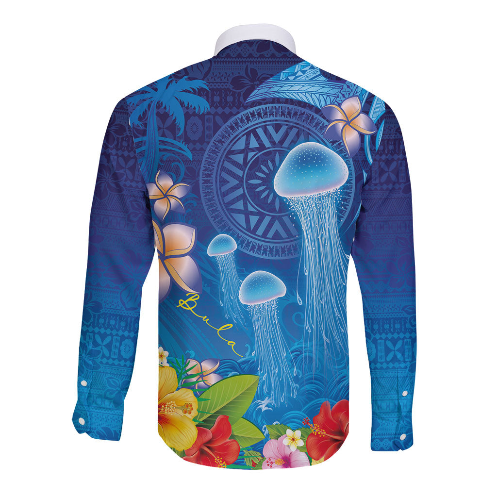 Fiji Jellyfish Long Sleeve Button Shirt Tapa Patterns and Hibiscus Sea Vibe LT03 - Polynesian Pride