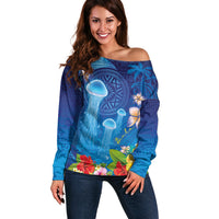 Fiji Jellyfish Off Shoulder Sweater Tapa Patterns and Hibiscus Sea Vibe LT03 Women Blue - Polynesian Pride