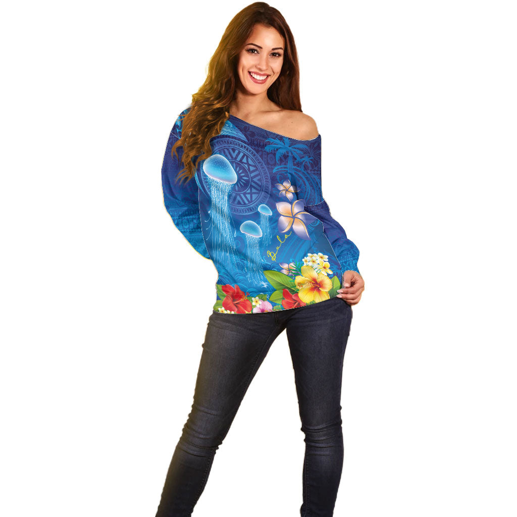 Fiji Jellyfish Off Shoulder Sweater Tapa Patterns and Hibiscus Sea Vibe LT03 - Polynesian Pride