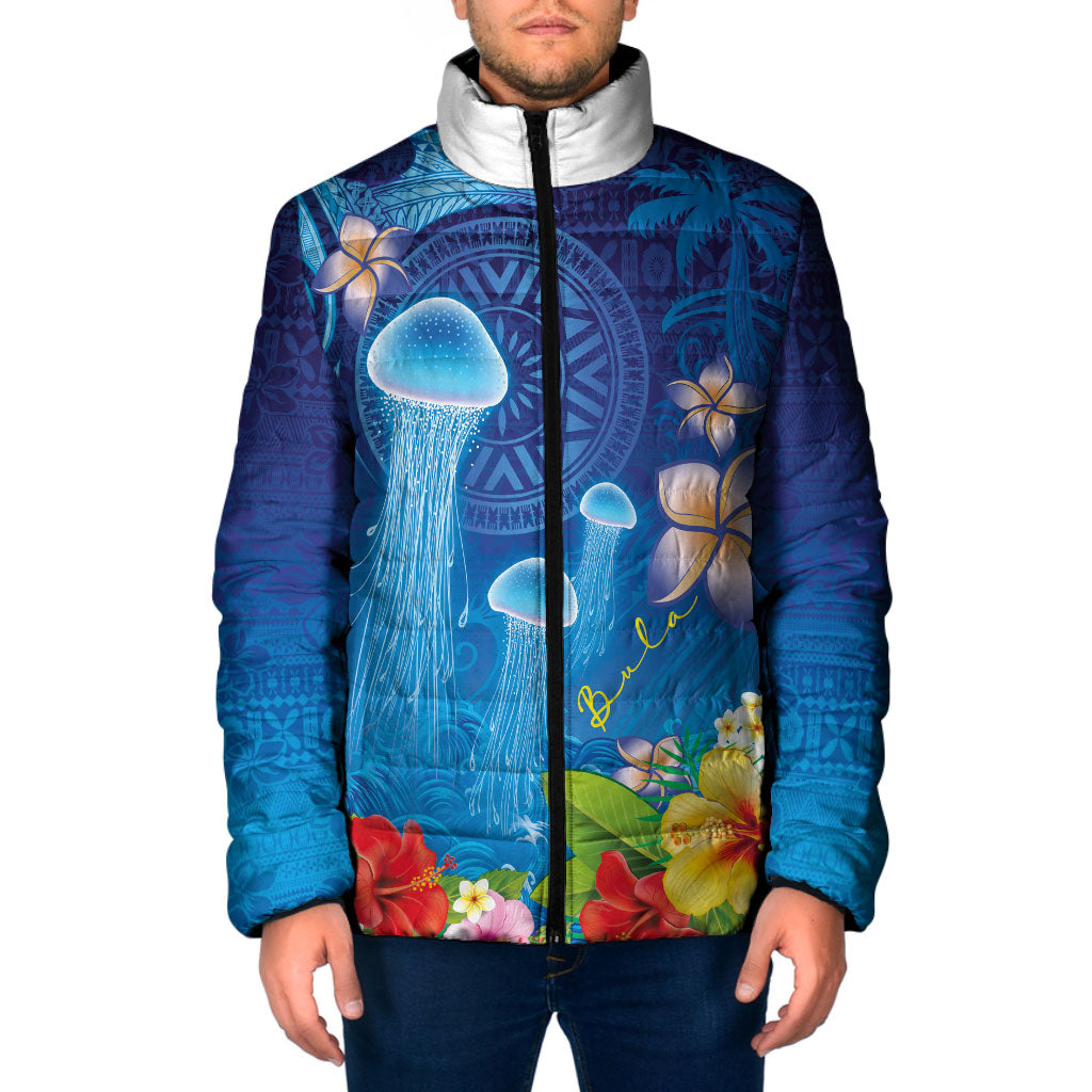 Fiji Jellyfish Padded Jacket Tapa Patterns and Hibiscus Sea Vibe LT03 Men Blue - Polynesian Pride