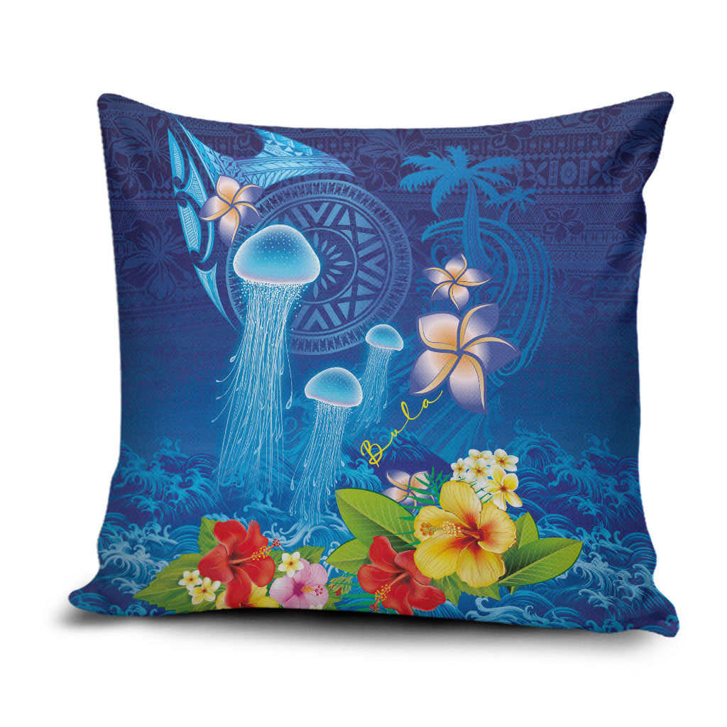 Fiji Jellyfish Pillow Cover Tapa Patterns and Hibiscus Sea Vibe LT03 Blue - Polynesian Pride