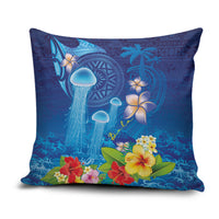 Fiji Jellyfish Pillow Cover Tapa Patterns and Hibiscus Sea Vibe LT03 Blue - Polynesian Pride