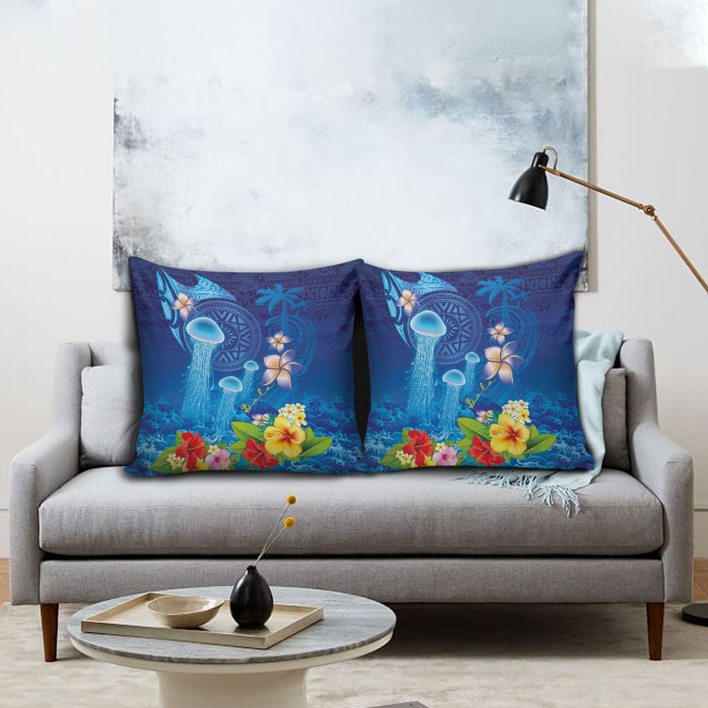 Fiji Jellyfish Pillow Cover Tapa Patterns and Hibiscus Sea Vibe LT03 - Polynesian Pride