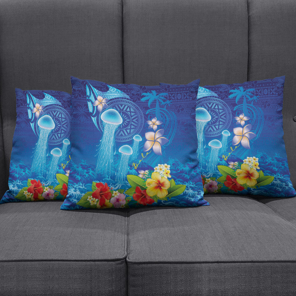 Fiji Jellyfish Pillow Cover Tapa Patterns and Hibiscus Sea Vibe LT03 - Polynesian Pride