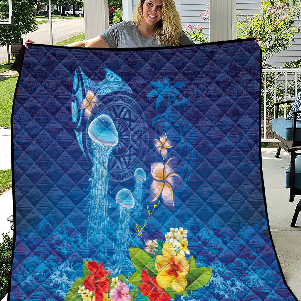 Fiji Jellyfish Quilt Tapa Patterns and Hibiscus Sea Vibe LT03 Blue - Polynesian Pride