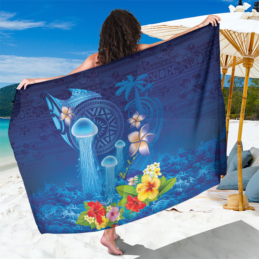 Fiji Jellyfish Sarong Tapa Patterns and Hibiscus Sea Vibe LT03 One Size 44 x 66 inches Blue - Polynesian Pride