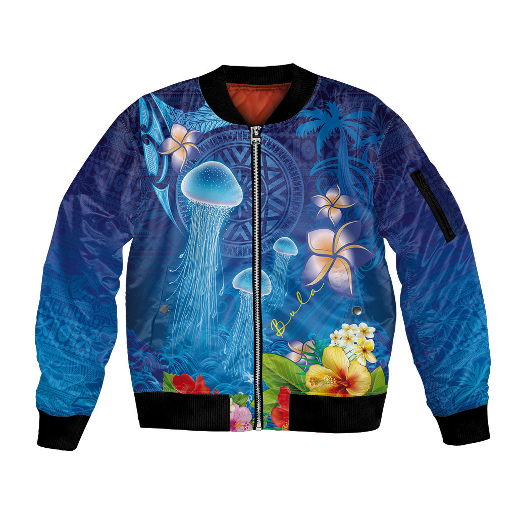 Fiji Jellyfish Sleeve Zip Bomber Jacket Tapa Patterns and Hibiscus Sea Vibe LT03 Unisex Blue - Polynesian Pride