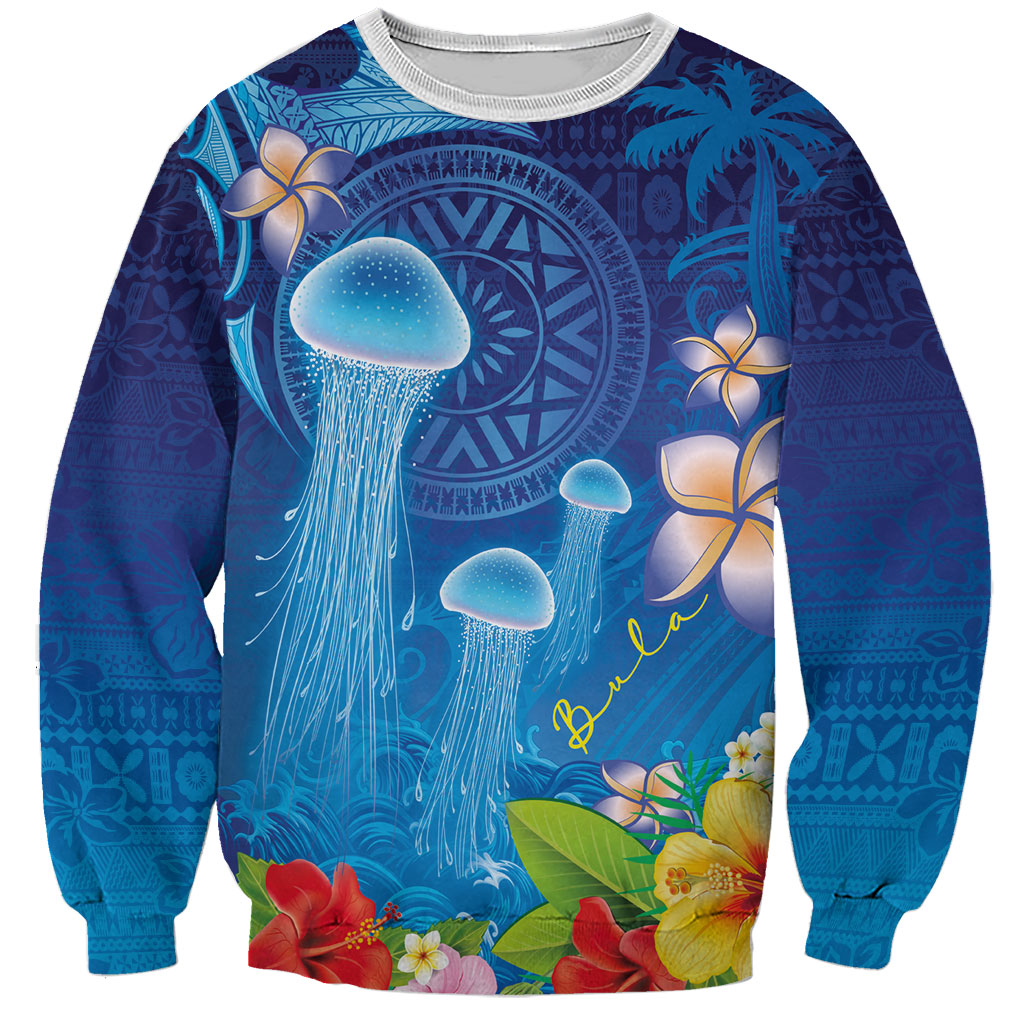 Fiji Jellyfish Sweatshirt Tapa Patterns and Hibiscus Sea Vibe LT03 Unisex Blue - Polynesian Pride