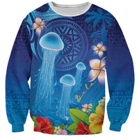 Fiji Jellyfish Sweatshirt Tapa Patterns and Hibiscus Sea Vibe LT03 Unisex Blue - Polynesian Pride