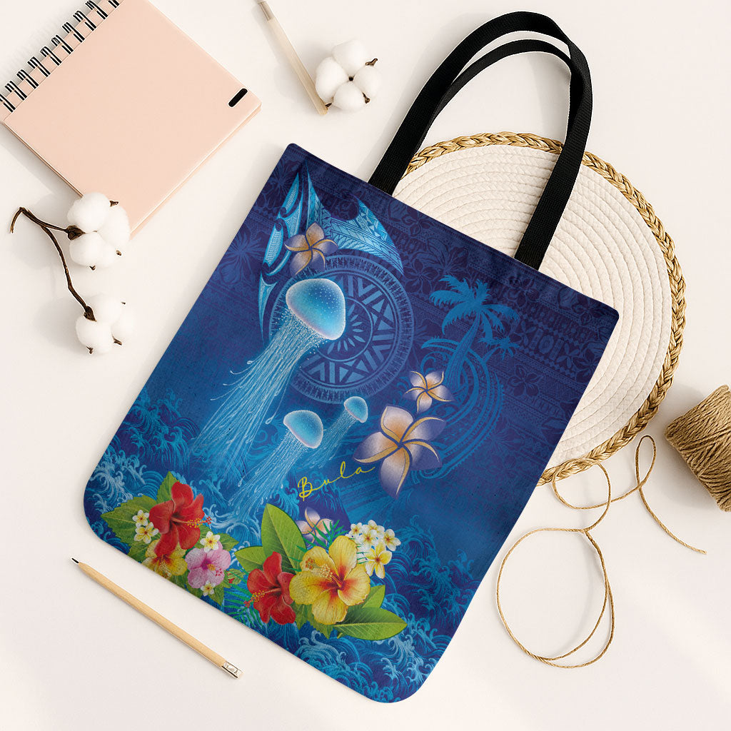 Fiji Jellyfish Tote Bag Tapa Patterns and Hibiscus Sea Vibe LT03 Black Strap One Size Blue - Polynesian Pride