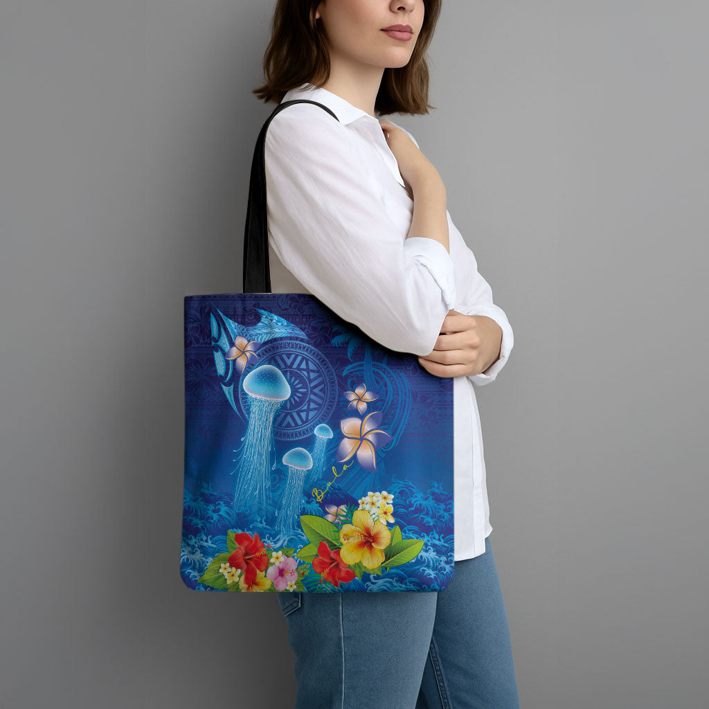 Fiji Jellyfish Tote Bag Tapa Patterns and Hibiscus Sea Vibe LT03 - Polynesian Pride