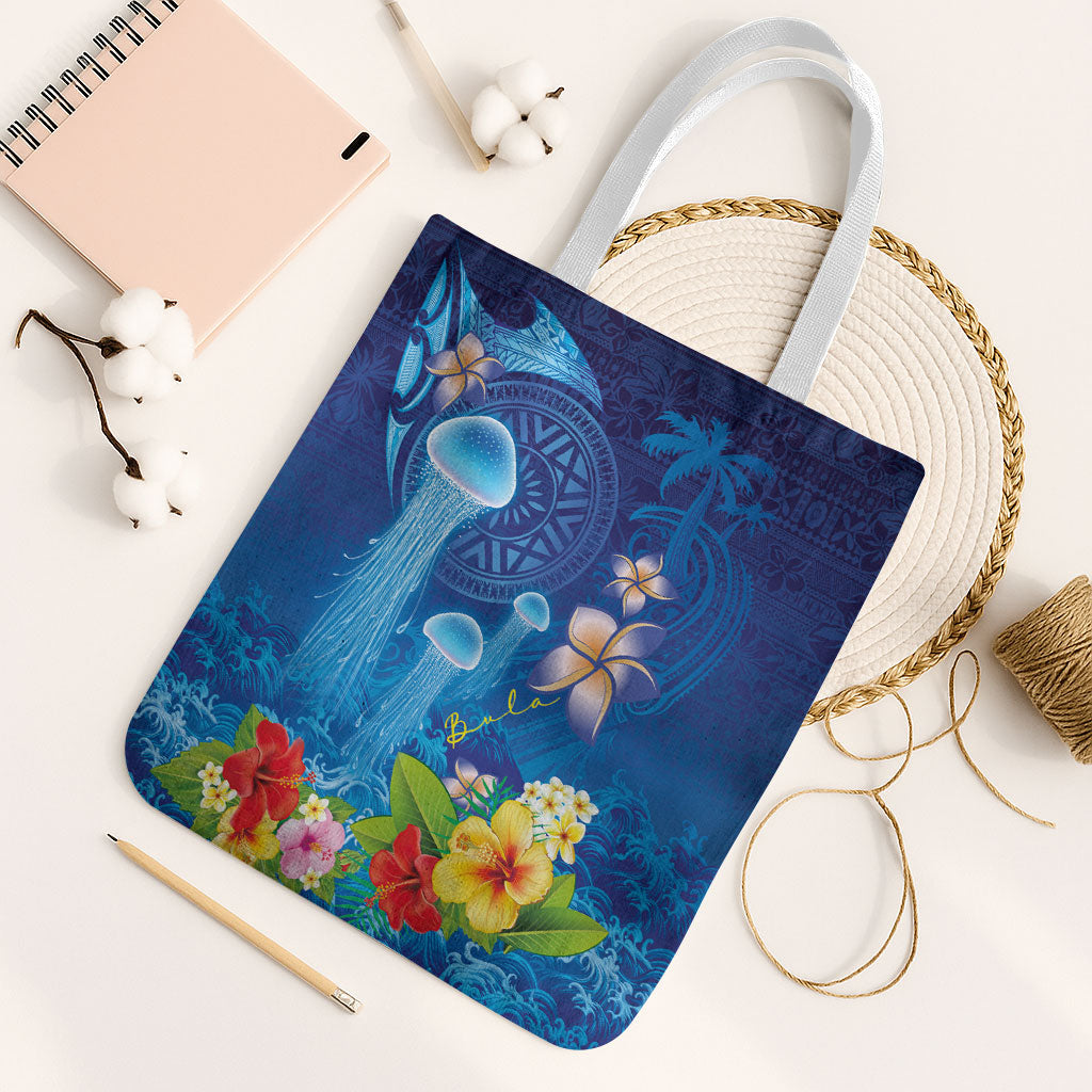 Fiji Jellyfish Tote Bag Tapa Patterns and Hibiscus Sea Vibe LT03 White Strap One Size Blue - Polynesian Pride
