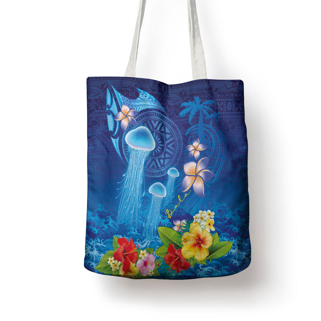 Fiji Jellyfish Tote Bag Tapa Patterns and Hibiscus Sea Vibe LT03 - Polynesian Pride