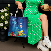Fiji Jellyfish Tote Bag Tapa Patterns and Hibiscus Sea Vibe LT03 - Polynesian Pride