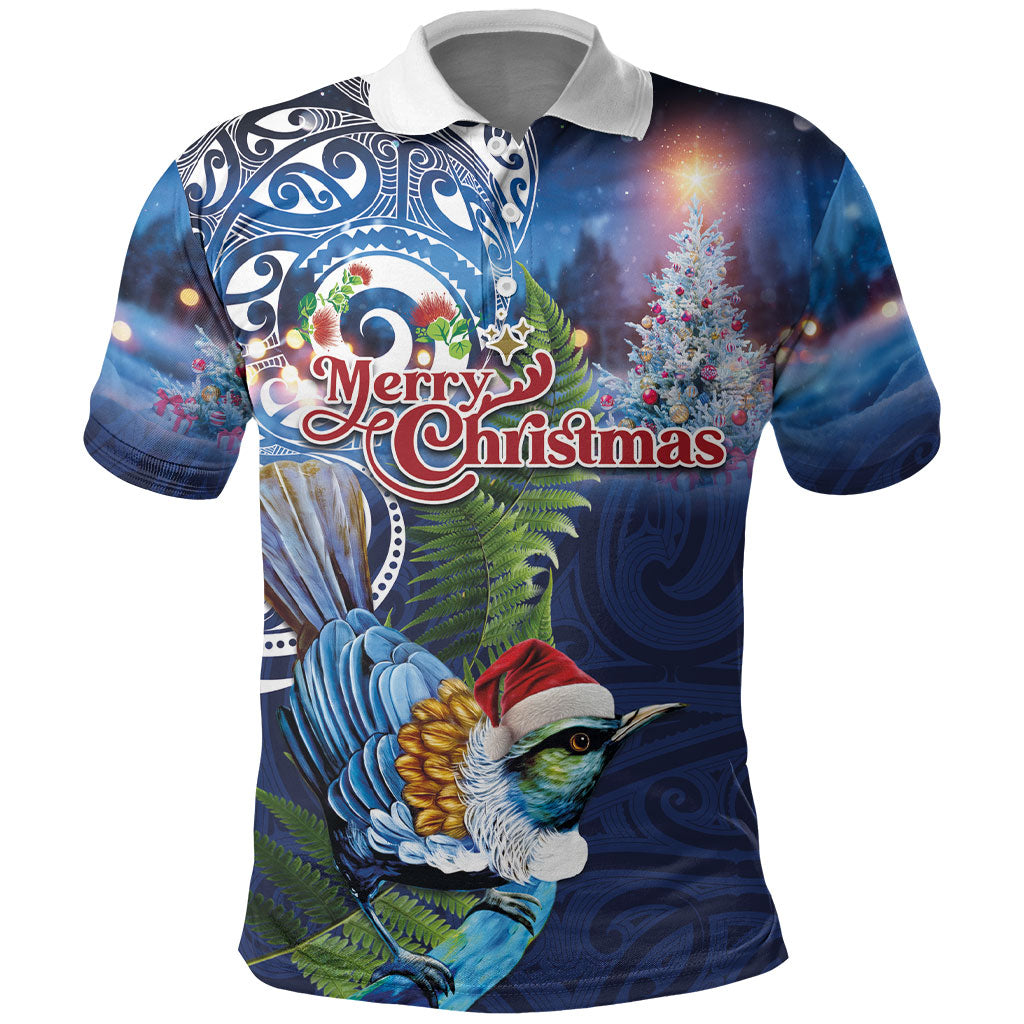 New Zealand Merry Christmas Polo Shirt Maori Tribal Pattern with Xmas Tui Bird LT03 Multicolor - Polynesian Pride