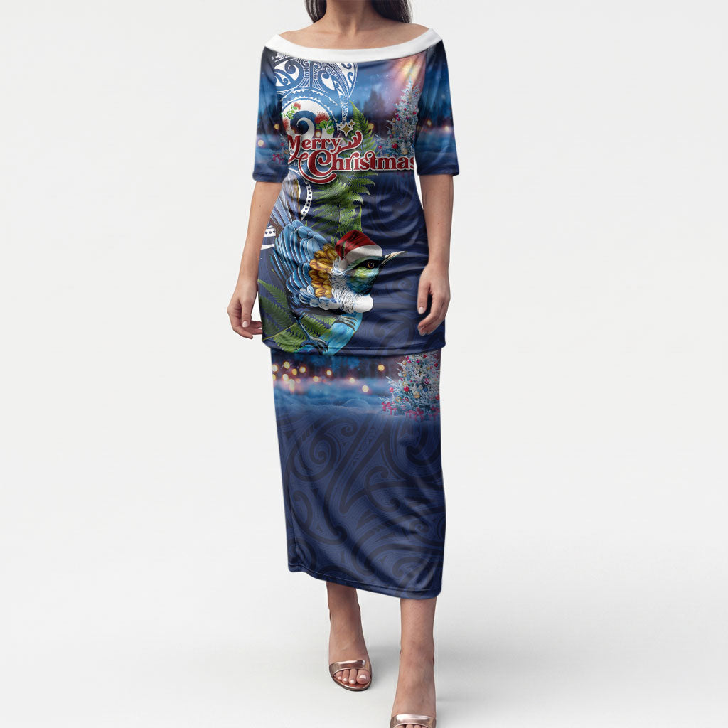New Zealand Merry Christmas Puletasi Maori Tribal Pattern with Xmas Tui Bird LT03 Long Dress Multicolor - Polynesian Pride