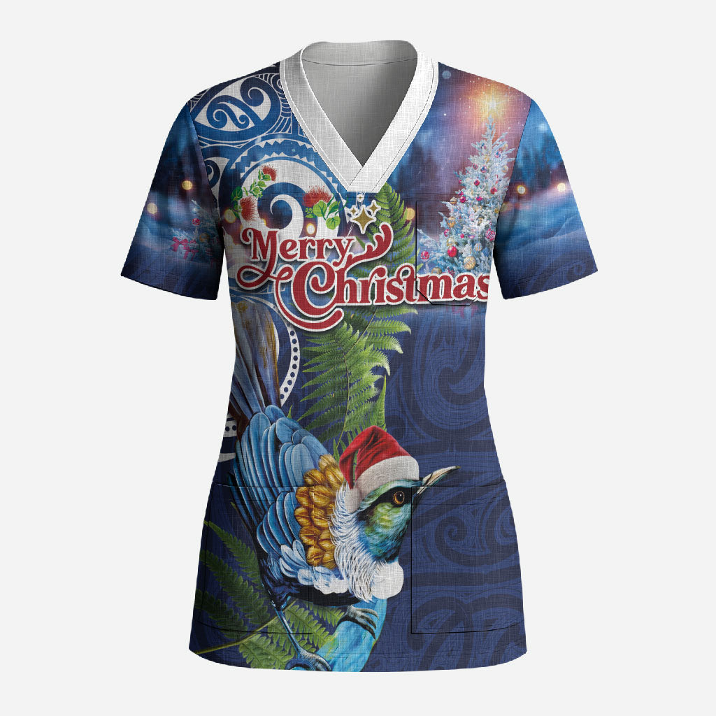 New Zealand Merry Christmas Scrub Top Maori Tribal Pattern with Xmas Tui Bird LT03 Adult Multicolor - Polynesian Pride
