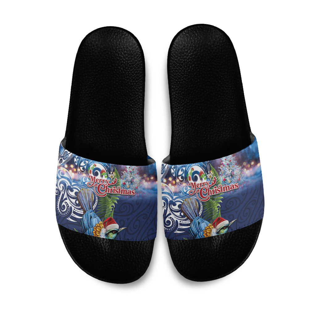 New Zealand Merry Christmas Slide Sandals Maori Tribal Pattern with Xmas Tui Bird LT03 Multicolor - Polynesian Pride