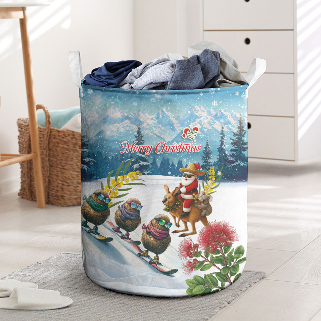 New Zealand and Australia Merry Christmas Laundry Basket Kiwi Birds Skiing and Koala Santa Riding Kangaroo LT03 Multicolor - Polynesian Pride