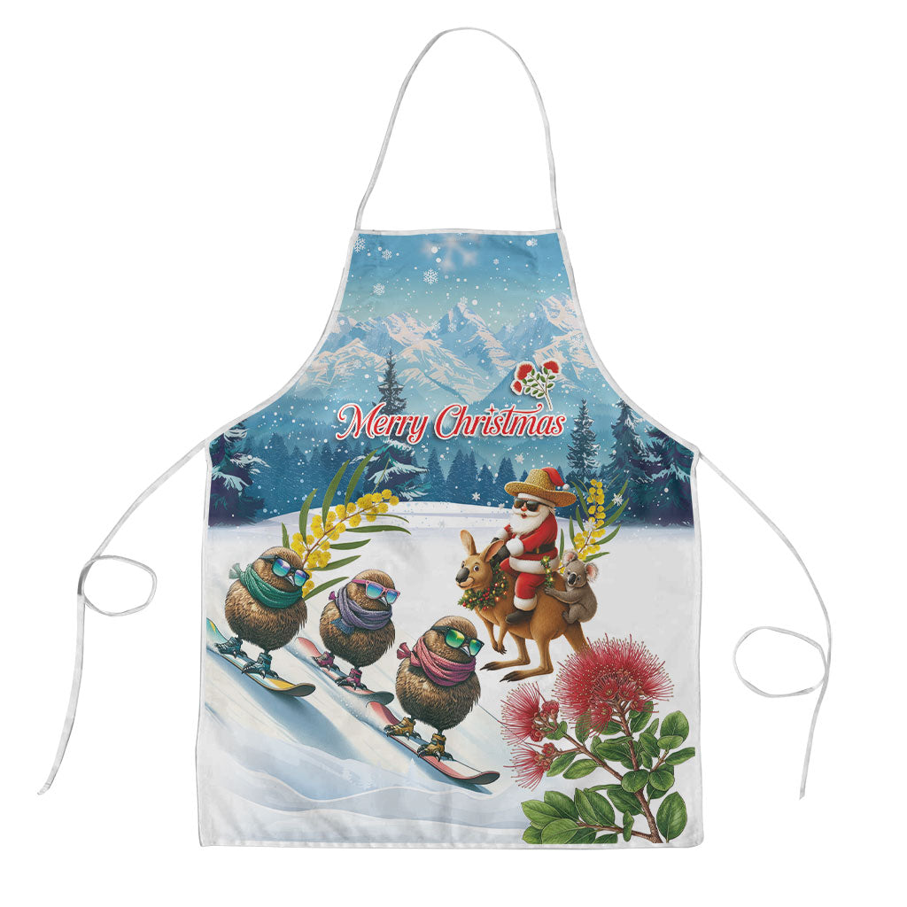 New Zealand and Australia Merry Christmas Apron Kiwi Birds Skiing and Koala Santa Riding Kangaroo LT03 Multicolor - Polynesian Pride