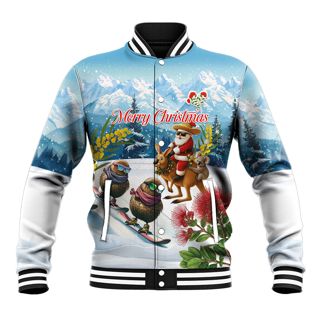 New Zealand and Australia Merry Christmas Baseball Jacket Kiwi Birds Skiing and Koala Santa Riding Kangaroo LT03 Unisex Multicolor - Polynesian Pride