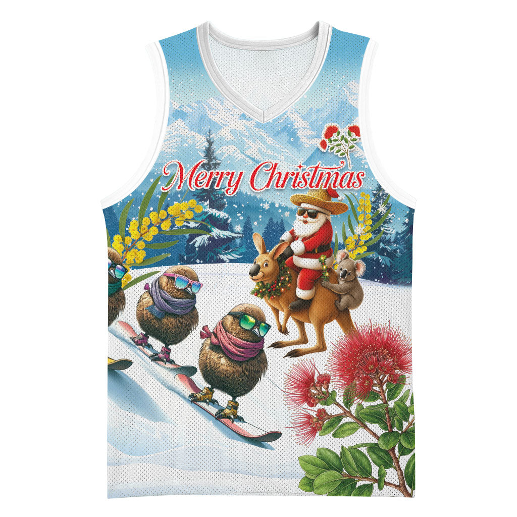 New Zealand and Australia Merry Christmas Basketball Jersey Kiwi Birds Skiing and Koala Santa Riding Kangaroo LT03 Unisex Multicolor - Polynesian Pride